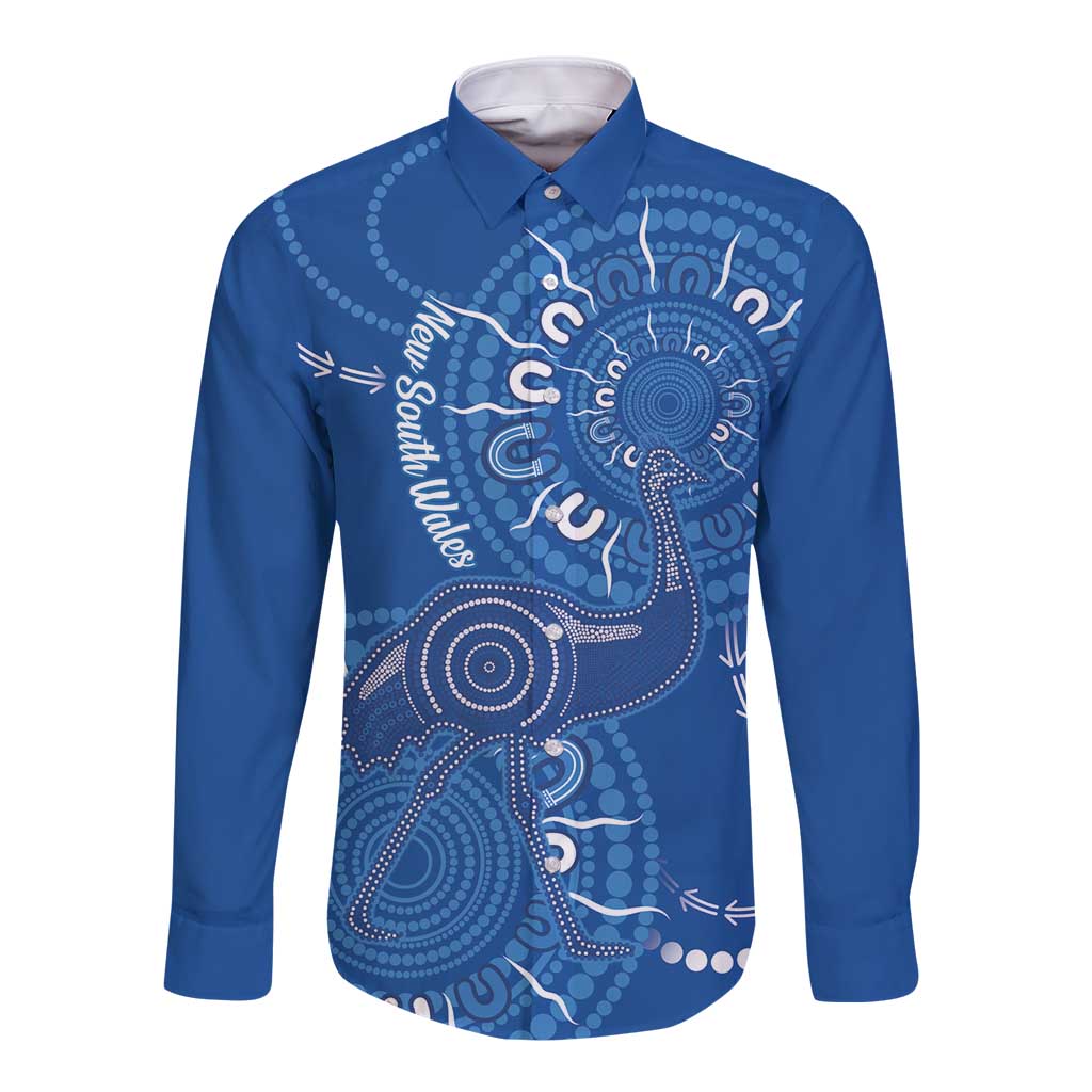 Australia New South Wales Long Sleeve Button Shirt Aussie Emu With Aboriginal Art