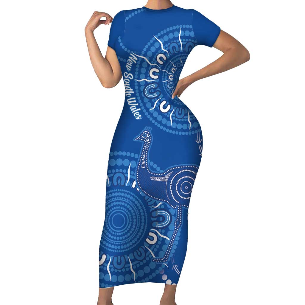 Australia New South Wales Short Sleeve Bodycon Dress Aussie Emu With Aboriginal Art