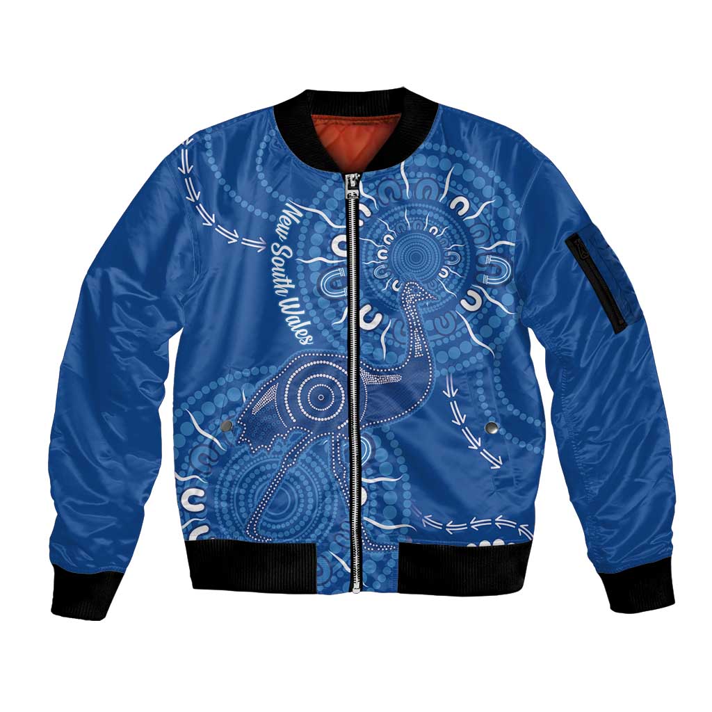 Australia New South Wales Sleeve Zip Bomber Jacket Aussie Emu With Aboriginal Art