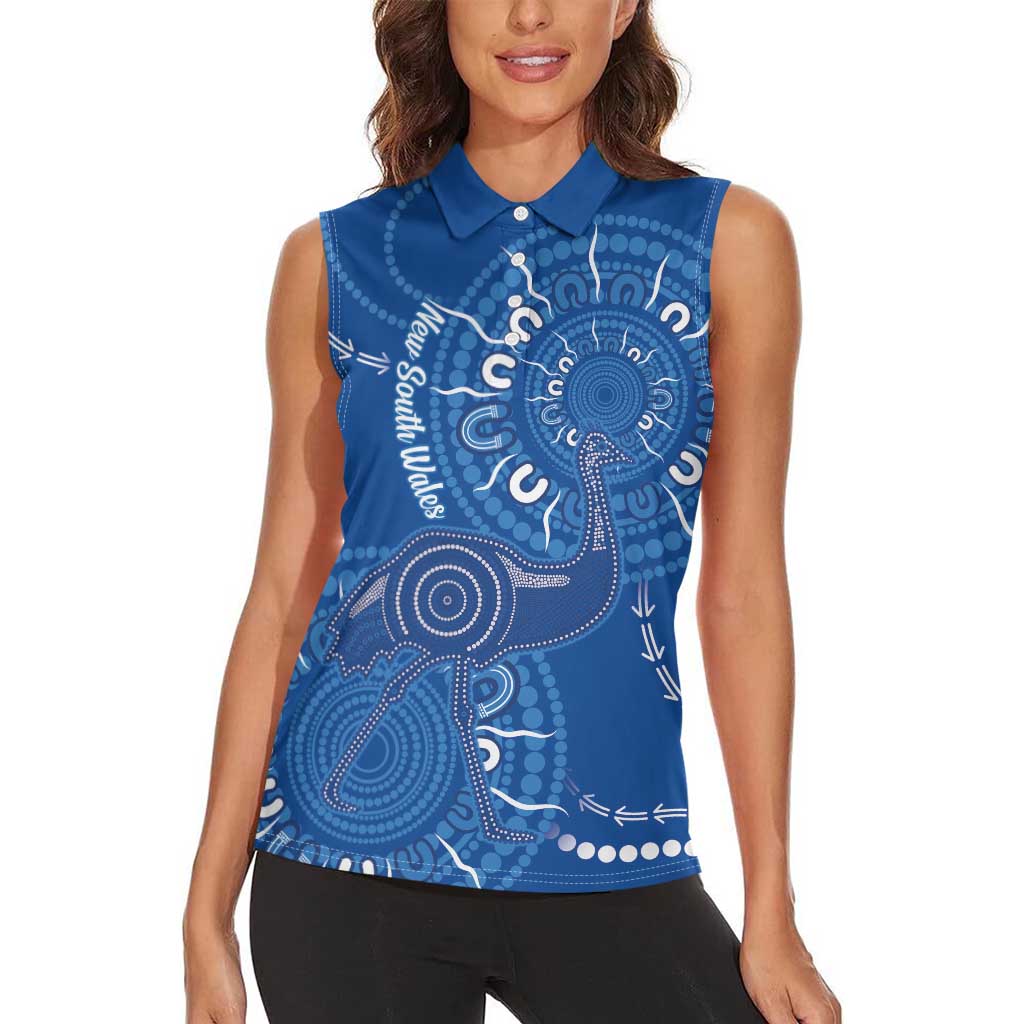 Australia New South Wales Women Sleeveless Polo Shirt Aussie Emu With Aboriginal Art