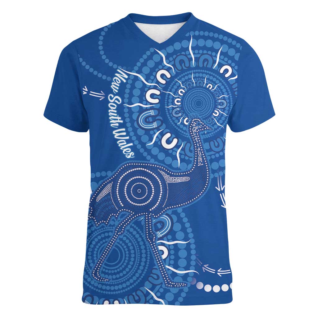Australia New South Wales Women V-Neck T-Shirt Aussie Emu With Aboriginal Art