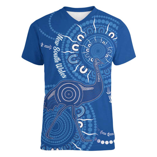 Australia New South Wales Women V-Neck T-Shirt Aussie Emu With Aboriginal Art