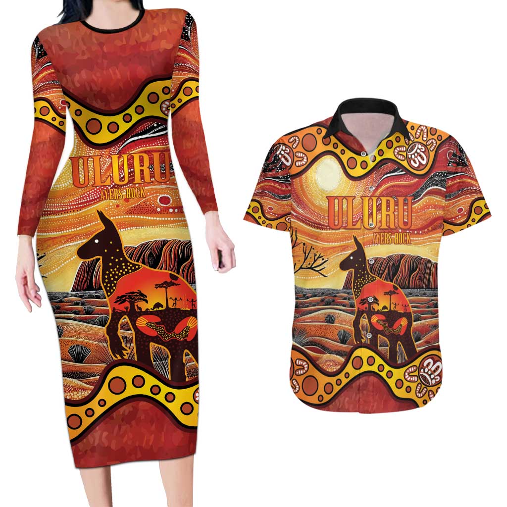 Northern Territory Uluru Couples Matching Long Sleeve Bodycon Dress and Hawaiian Shirt Ayers Rock Kangaroo Aboriginal Art