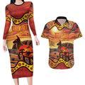 Northern Territory Uluru Couples Matching Long Sleeve Bodycon Dress and Hawaiian Shirt Ayers Rock Kangaroo Aboriginal Art