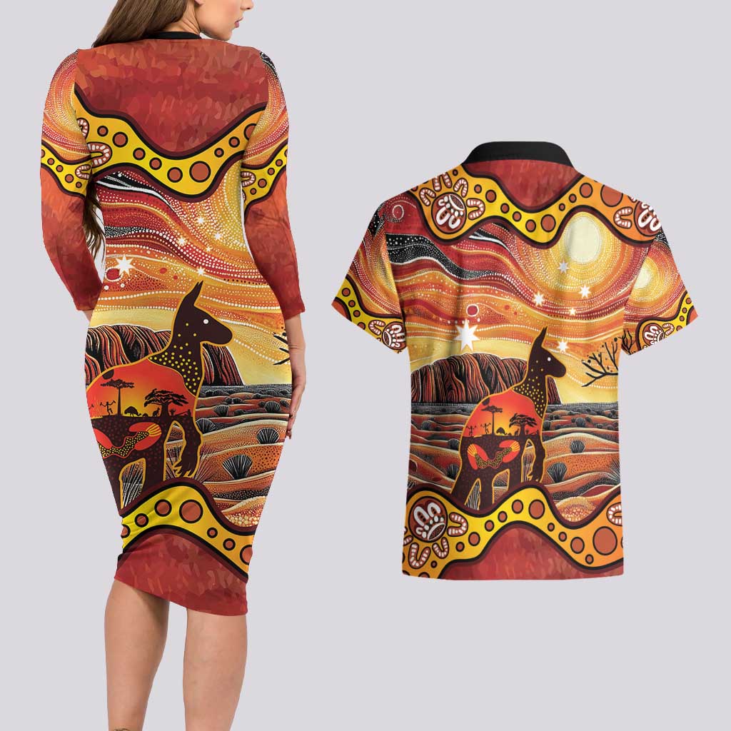 Northern Territory Uluru Couples Matching Long Sleeve Bodycon Dress and Hawaiian Shirt Ayers Rock Kangaroo Aboriginal Art