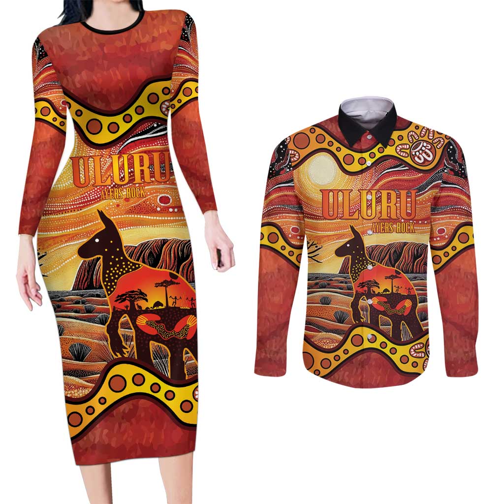 Northern Territory Uluru Couples Matching Long Sleeve Bodycon Dress and Long Sleeve Button Shirt Ayers Rock Kangaroo Aboriginal Art