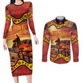 Northern Territory Uluru Couples Matching Long Sleeve Bodycon Dress and Long Sleeve Button Shirt Ayers Rock Kangaroo Aboriginal Art