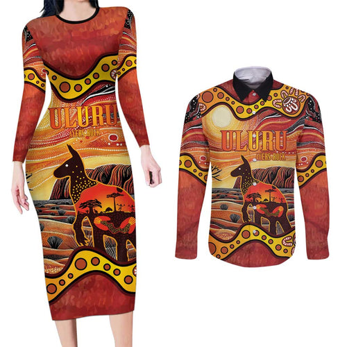 Northern Territory Uluru Couples Matching Long Sleeve Bodycon Dress and Long Sleeve Button Shirt Ayers Rock Kangaroo Aboriginal Art