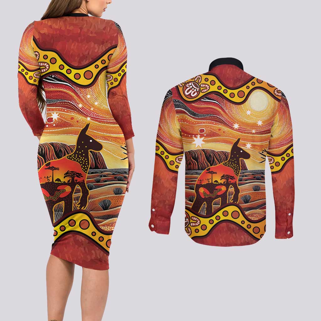 Northern Territory Uluru Couples Matching Long Sleeve Bodycon Dress and Long Sleeve Button Shirt Ayers Rock Kangaroo Aboriginal Art