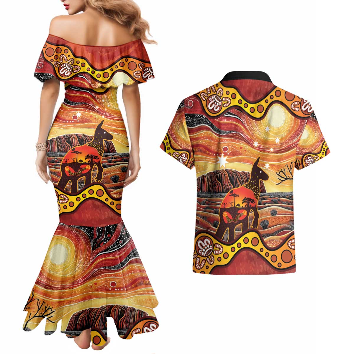 Northern Territory Uluru Couples Matching Mermaid Dress and Hawaiian Shirt Ayers Rock Kangaroo Aboriginal Art