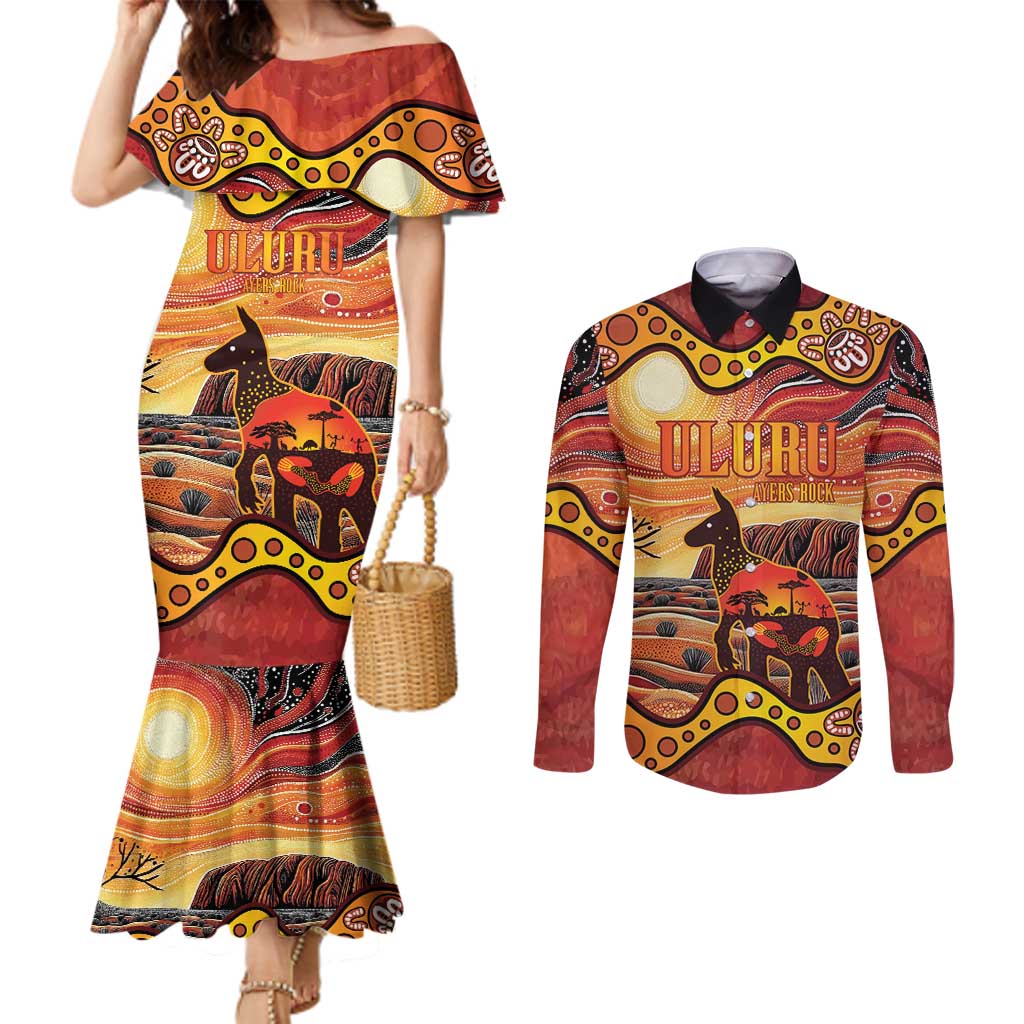 Northern Territory Uluru Couples Matching Mermaid Dress and Long Sleeve Button Shirt Ayers Rock Kangaroo Aboriginal Art
