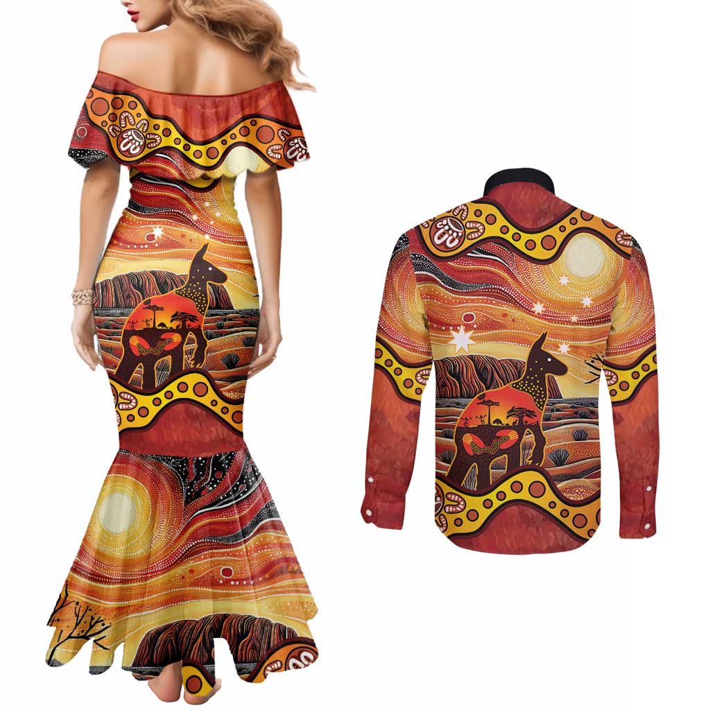 Northern Territory Uluru Couples Matching Mermaid Dress and Long Sleeve Button Shirt Ayers Rock Kangaroo Aboriginal Art
