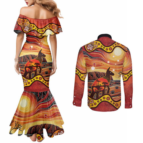 Northern Territory Uluru Couples Matching Mermaid Dress and Long Sleeve Button Shirt Ayers Rock Kangaroo Aboriginal Art