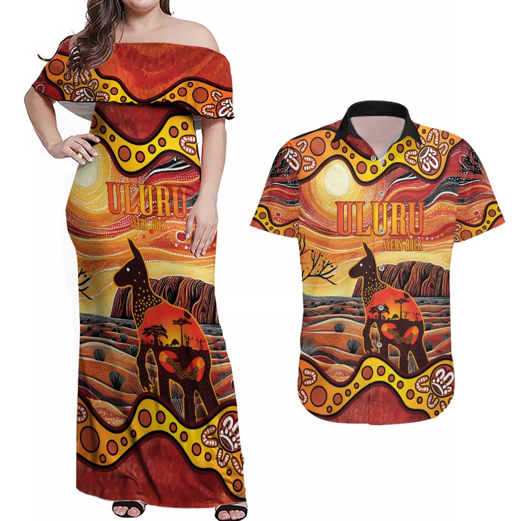 Northern Territory Uluru Couples Matching Off Shoulder Maxi Dress and Hawaiian Shirt Ayers Rock Kangaroo Aboriginal Art