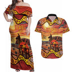 Northern Territory Uluru Couples Matching Off Shoulder Maxi Dress and Hawaiian Shirt Ayers Rock Kangaroo Aboriginal Art