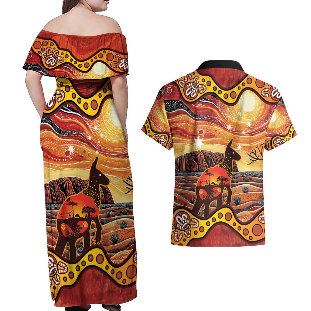 Northern Territory Uluru Couples Matching Off Shoulder Maxi Dress and Hawaiian Shirt Ayers Rock Kangaroo Aboriginal Art