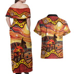 Northern Territory Uluru Couples Matching Off Shoulder Maxi Dress and Hawaiian Shirt Ayers Rock Kangaroo Aboriginal Art