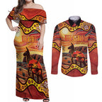 Northern Territory Uluru Couples Matching Off Shoulder Maxi Dress and Long Sleeve Button Shirt Ayers Rock Kangaroo Aboriginal Art