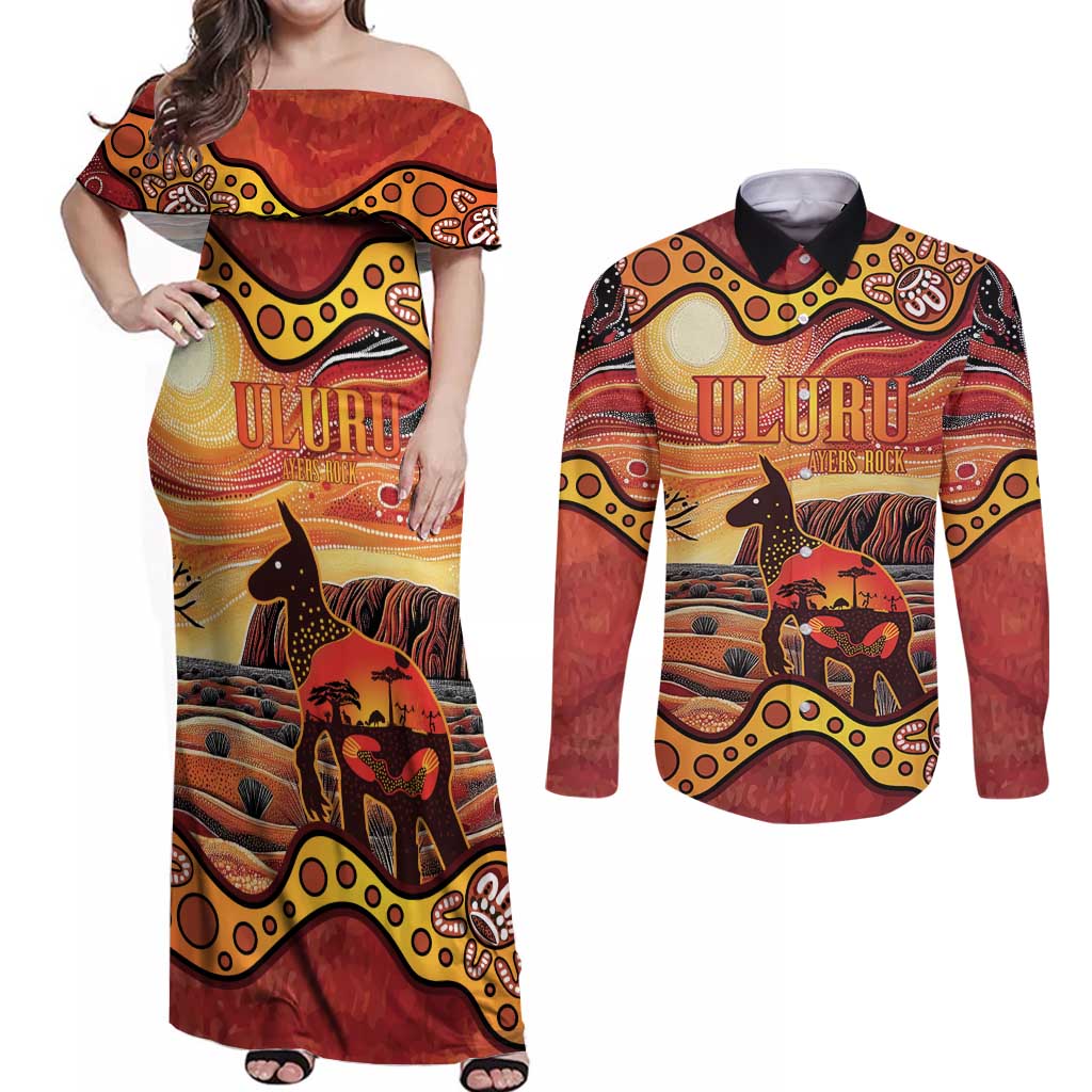 Northern Territory Uluru Couples Matching Off Shoulder Maxi Dress and Long Sleeve Button Shirt Ayers Rock Kangaroo Aboriginal Art