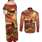 Northern Territory Uluru Couples Matching Off Shoulder Maxi Dress and Long Sleeve Button Shirt Ayers Rock Kangaroo Aboriginal Art