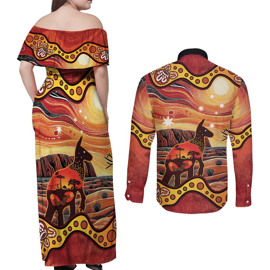 Northern Territory Uluru Couples Matching Off Shoulder Maxi Dress and Long Sleeve Button Shirt Ayers Rock Kangaroo Aboriginal Art
