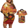 Northern Territory Uluru Couples Matching Off Shoulder Short Dress and Hawaiian Shirt Ayers Rock Kangaroo Aboriginal Art