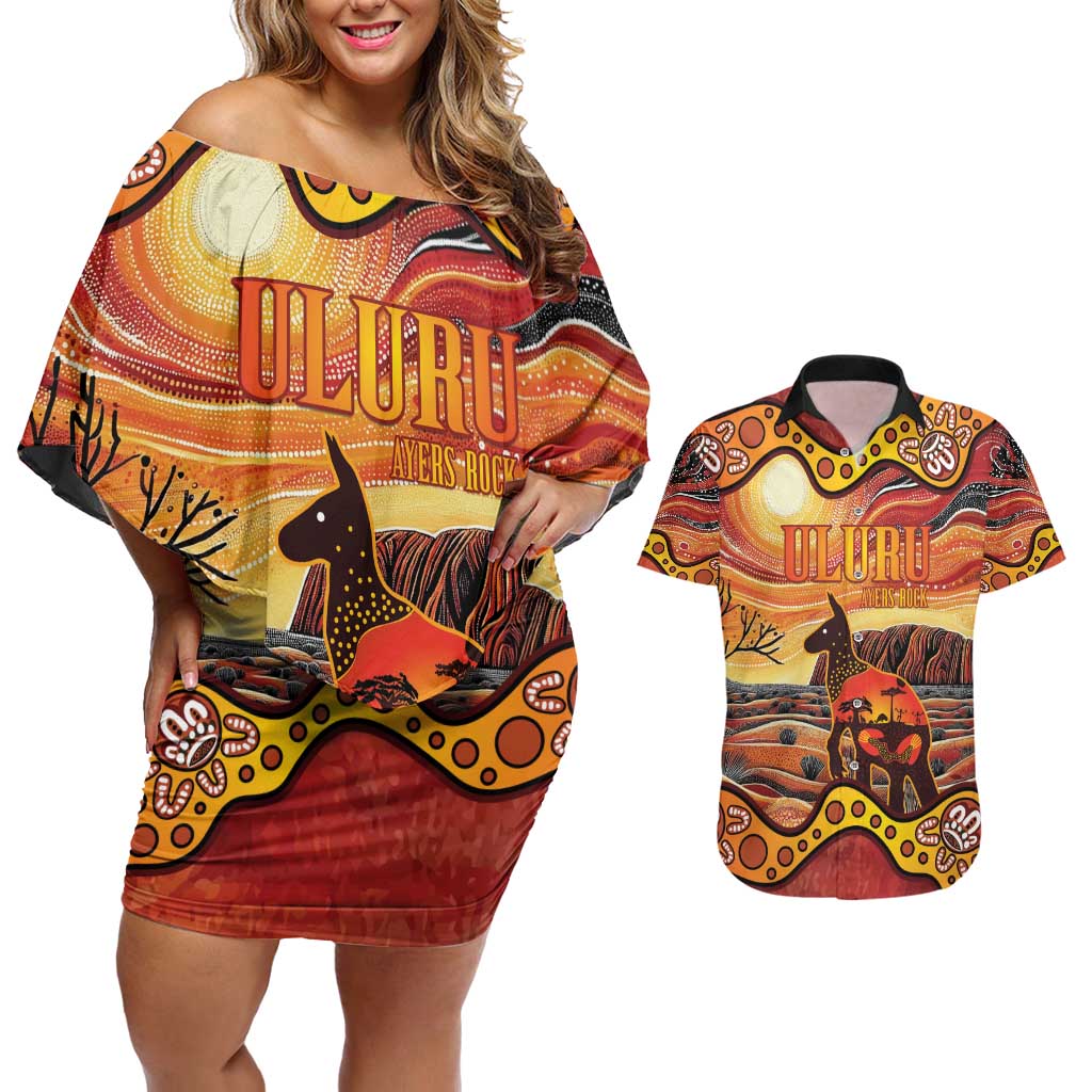Northern Territory Uluru Couples Matching Off Shoulder Short Dress and Hawaiian Shirt Ayers Rock Kangaroo Aboriginal Art