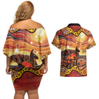 Northern Territory Uluru Couples Matching Off Shoulder Short Dress and Hawaiian Shirt Ayers Rock Kangaroo Aboriginal Art