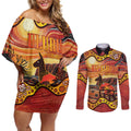Northern Territory Uluru Couples Matching Off Shoulder Short Dress and Long Sleeve Button Shirt Ayers Rock Kangaroo Aboriginal Art