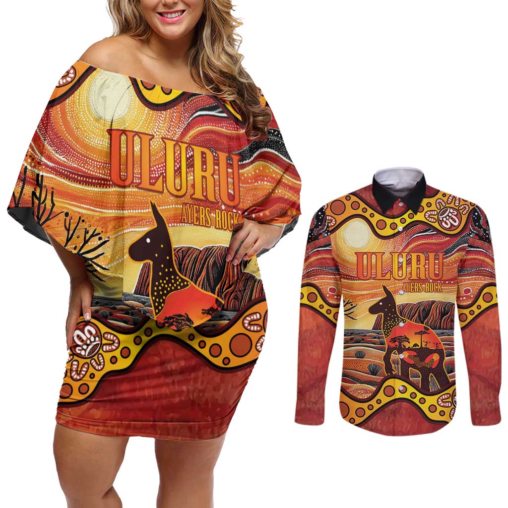 Northern Territory Uluru Couples Matching Off Shoulder Short Dress and Long Sleeve Button Shirt Ayers Rock Kangaroo Aboriginal Art