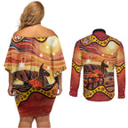 Northern Territory Uluru Couples Matching Off Shoulder Short Dress and Long Sleeve Button Shirt Ayers Rock Kangaroo Aboriginal Art