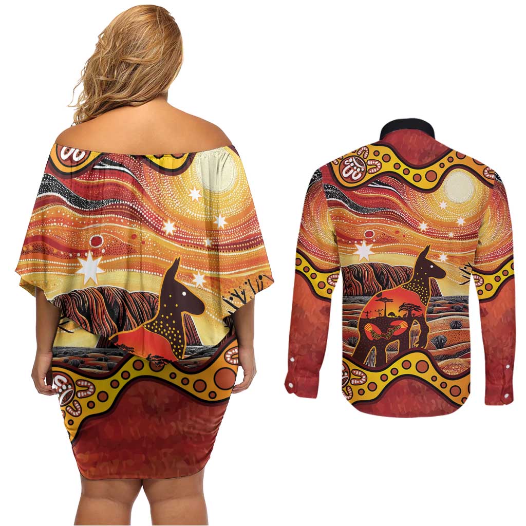 Northern Territory Uluru Couples Matching Off Shoulder Short Dress and Long Sleeve Button Shirt Ayers Rock Kangaroo Aboriginal Art