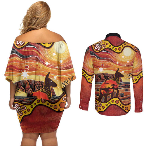 Northern Territory Uluru Couples Matching Off Shoulder Short Dress and Long Sleeve Button Shirt Ayers Rock Kangaroo Aboriginal Art