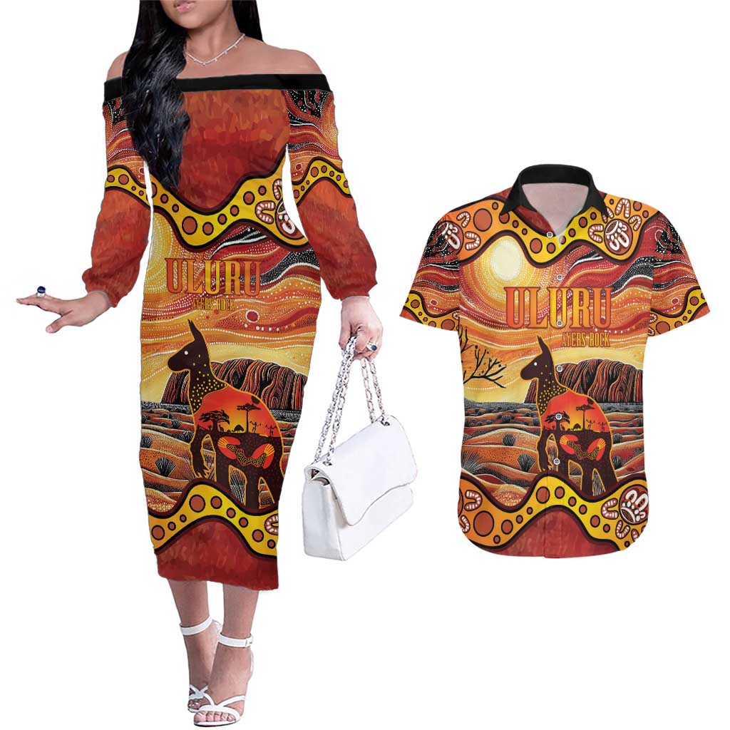 Northern Territory Uluru Couples Matching Off The Shoulder Long Sleeve Dress and Hawaiian Shirt Ayers Rock Kangaroo Aboriginal Art