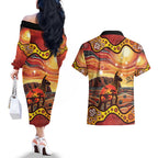 Northern Territory Uluru Couples Matching Off The Shoulder Long Sleeve Dress and Hawaiian Shirt Ayers Rock Kangaroo Aboriginal Art