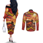 Northern Territory Uluru Couples Matching Off The Shoulder Long Sleeve Dress and Long Sleeve Button Shirt Ayers Rock Kangaroo Aboriginal Art