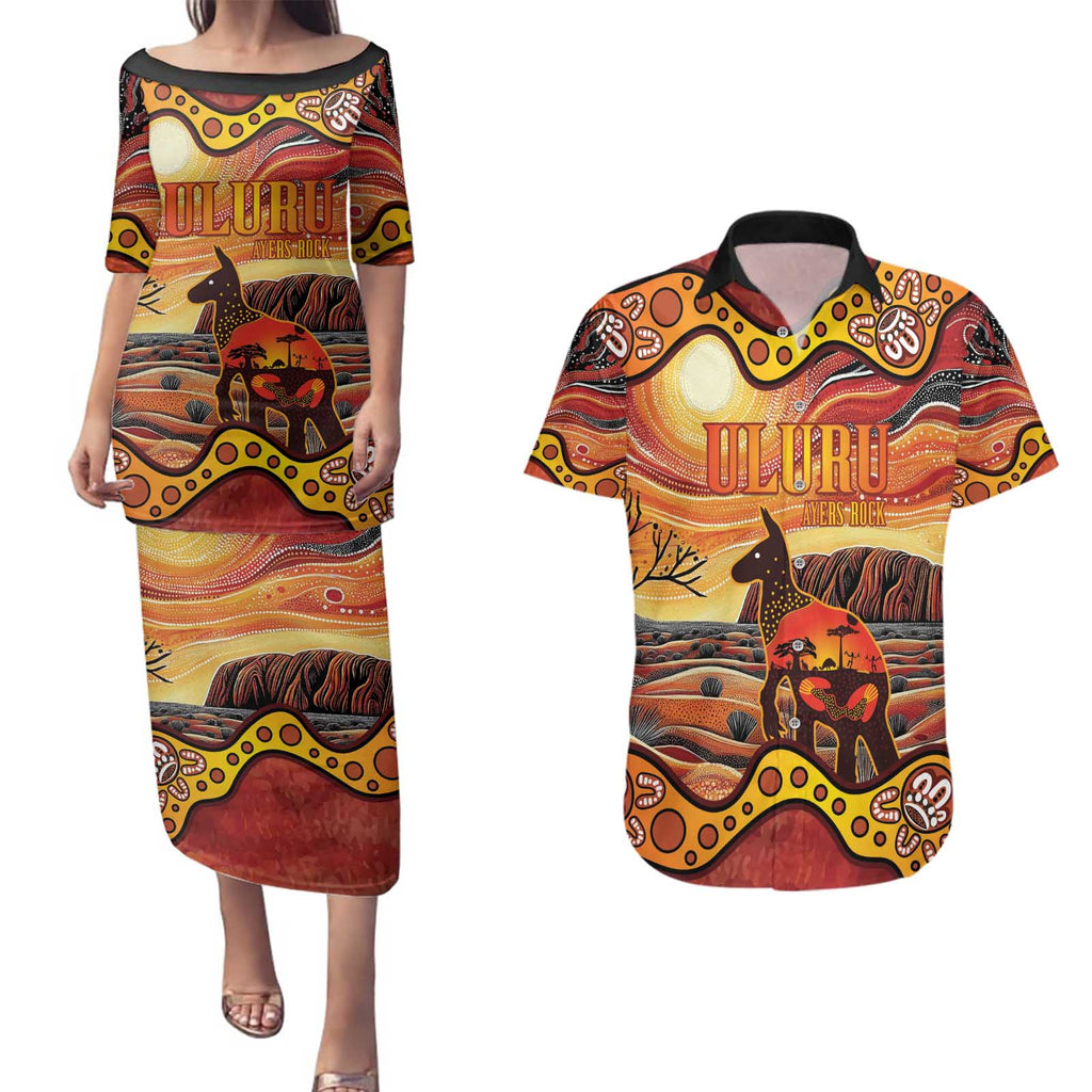 Northern Territory Uluru Couples Matching Puletasi and Hawaiian Shirt Ayers Rock Kangaroo Aboriginal Art