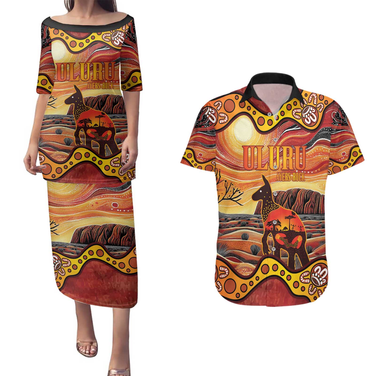Northern Territory Uluru Couples Matching Puletasi and Hawaiian Shirt Ayers Rock Kangaroo Aboriginal Art