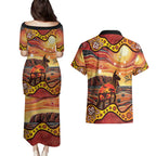 Northern Territory Uluru Couples Matching Puletasi and Hawaiian Shirt Ayers Rock Kangaroo Aboriginal Art
