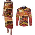 Northern Territory Uluru Couples Matching Puletasi and Long Sleeve Button Shirt Ayers Rock Kangaroo Aboriginal Art