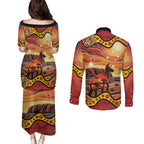 Northern Territory Uluru Couples Matching Puletasi and Long Sleeve Button Shirt Ayers Rock Kangaroo Aboriginal Art