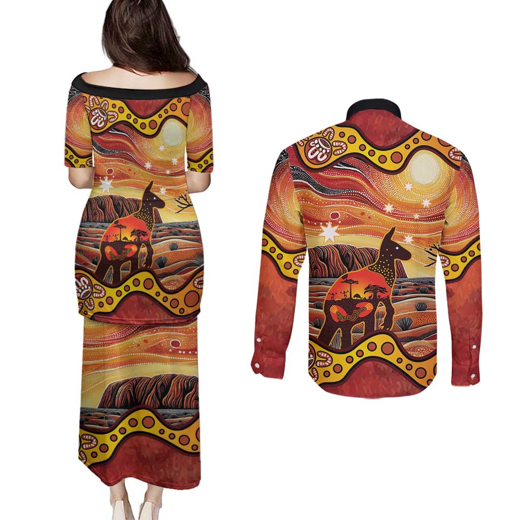 Northern Territory Uluru Couples Matching Puletasi and Long Sleeve Button Shirt Ayers Rock Kangaroo Aboriginal Art