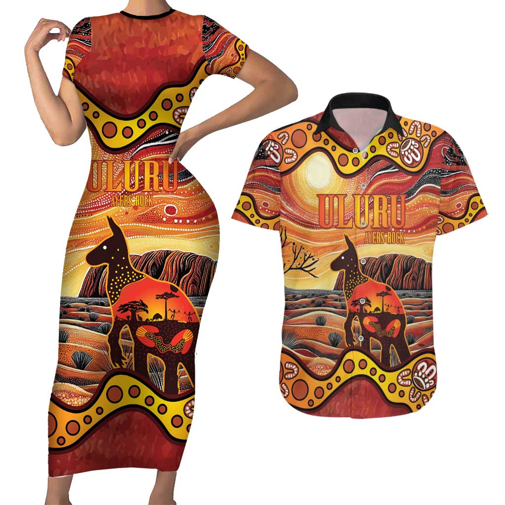 Northern Territory Uluru Couples Matching Short Sleeve Bodycon Dress and Hawaiian Shirt Ayers Rock Kangaroo Aboriginal Art