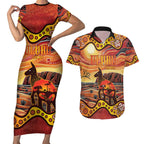 Northern Territory Uluru Couples Matching Short Sleeve Bodycon Dress and Hawaiian Shirt Ayers Rock Kangaroo Aboriginal Art