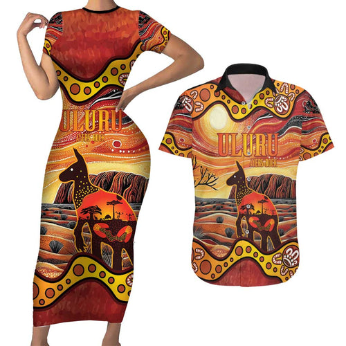 Northern Territory Uluru Couples Matching Short Sleeve Bodycon Dress and Hawaiian Shirt Ayers Rock Kangaroo Aboriginal Art