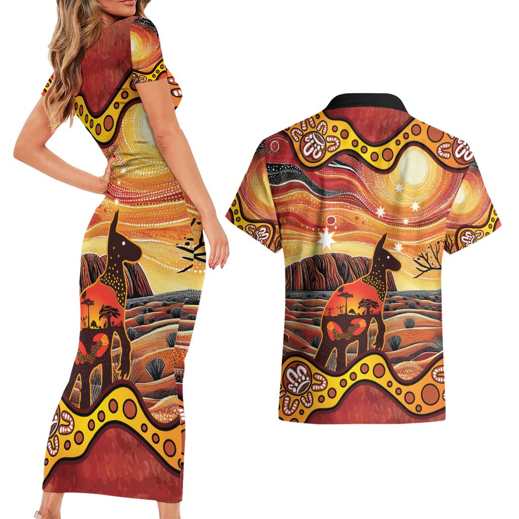Northern Territory Uluru Couples Matching Short Sleeve Bodycon Dress and Hawaiian Shirt Ayers Rock Kangaroo Aboriginal Art