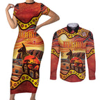 Northern Territory Uluru Couples Matching Short Sleeve Bodycon Dress and Long Sleeve Button Shirt Ayers Rock Kangaroo Aboriginal Art