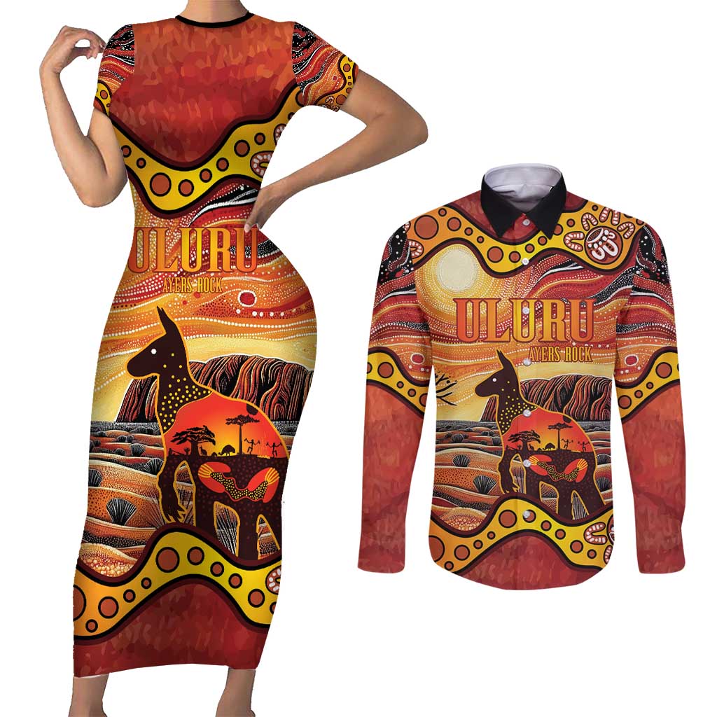 Northern Territory Uluru Couples Matching Short Sleeve Bodycon Dress and Long Sleeve Button Shirt Ayers Rock Kangaroo Aboriginal Art