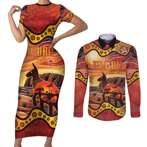 Northern Territory Uluru Couples Matching Short Sleeve Bodycon Dress and Long Sleeve Button Shirt Ayers Rock Kangaroo Aboriginal Art