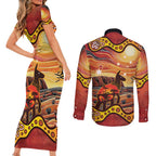 Northern Territory Uluru Couples Matching Short Sleeve Bodycon Dress and Long Sleeve Button Shirt Ayers Rock Kangaroo Aboriginal Art